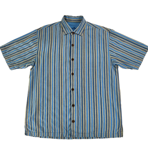 Tommy Bahama Other - Tommy Bahama Silk Shirt Mens Medium Blue Stripe Short Sleeve Button Up
